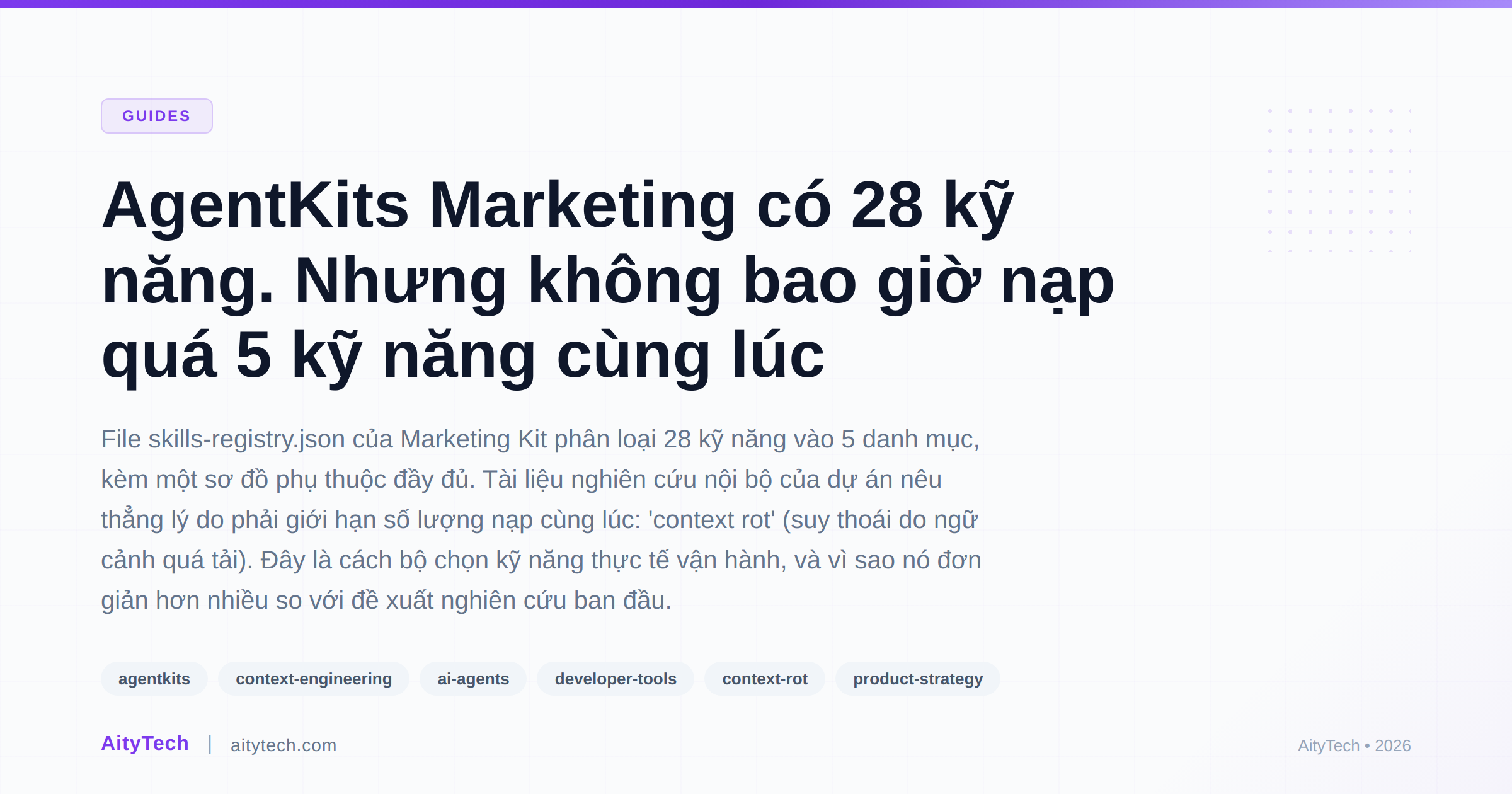 AgentKits Marketing có 28 kỹ năng. Nhưng không bao giờ nạp quá 5 kỹ năng cùng lúc